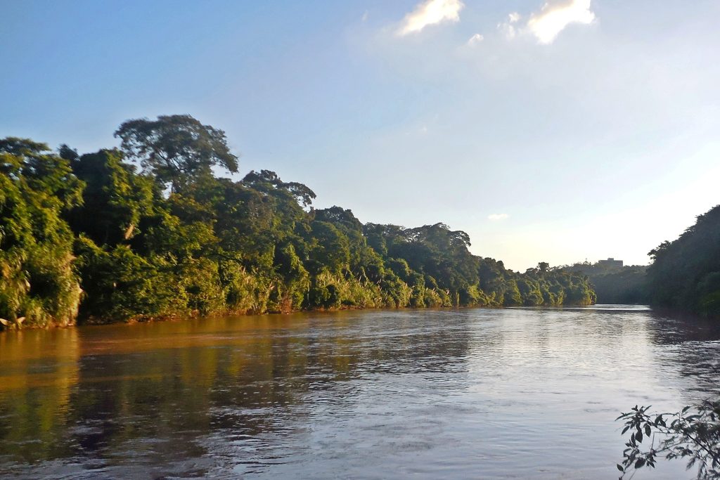 imagem do rio piracicaba, curso do rio com árvores em volta e um céu azul ensolarado